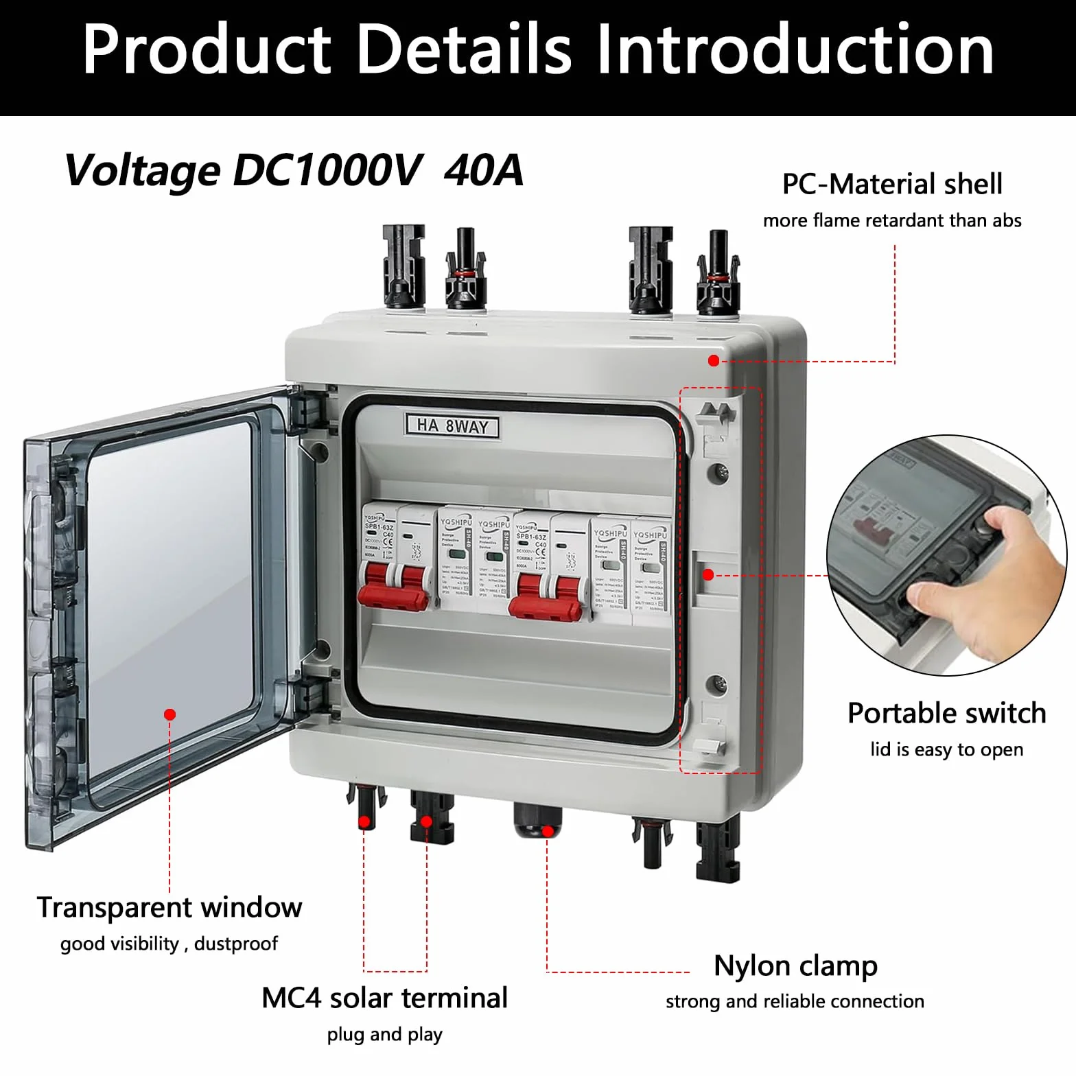 Überspannungsschutz PV, 2 in 2 out DC Trennschalter Blitzschutz Leitungsschutzschalter 2 String 1000V DC 40A 20-40KA Generatoranschlusskasten IP65 Wasserdicht Solar Anschlusskasten für Photovoltaik