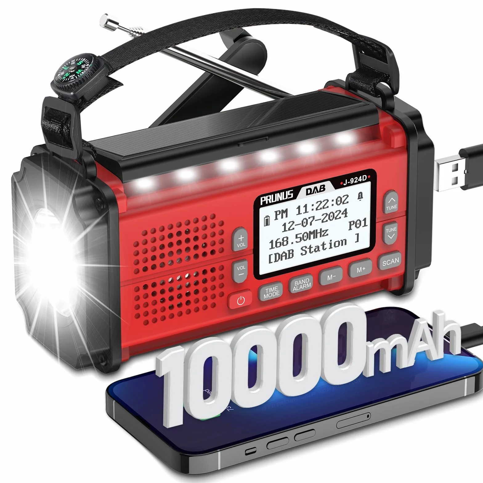 PRUNUS J-924 Digital Radio DAB+/UKW, Kurbelradio Notfall mit 10000mAh Akku, DAB Radio mit Bluetooth, Notfallradio mit Taschenlampe/SOS Alarm/Handyladefunktion für Ourdoor, Notfall. (Rot)