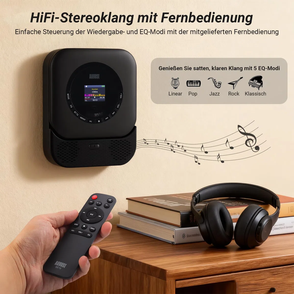 August SE15 Tragbarer Bluetooth 5.3 CD Player mit Lautsprecher 3,5mm Audio In/Out Wiederaufladbar CD Spieler mit USB/Equalizer/Überspringschutz/Wiederholungsmodus/Wandhalterung/Ohrhörer&Fernbedienung