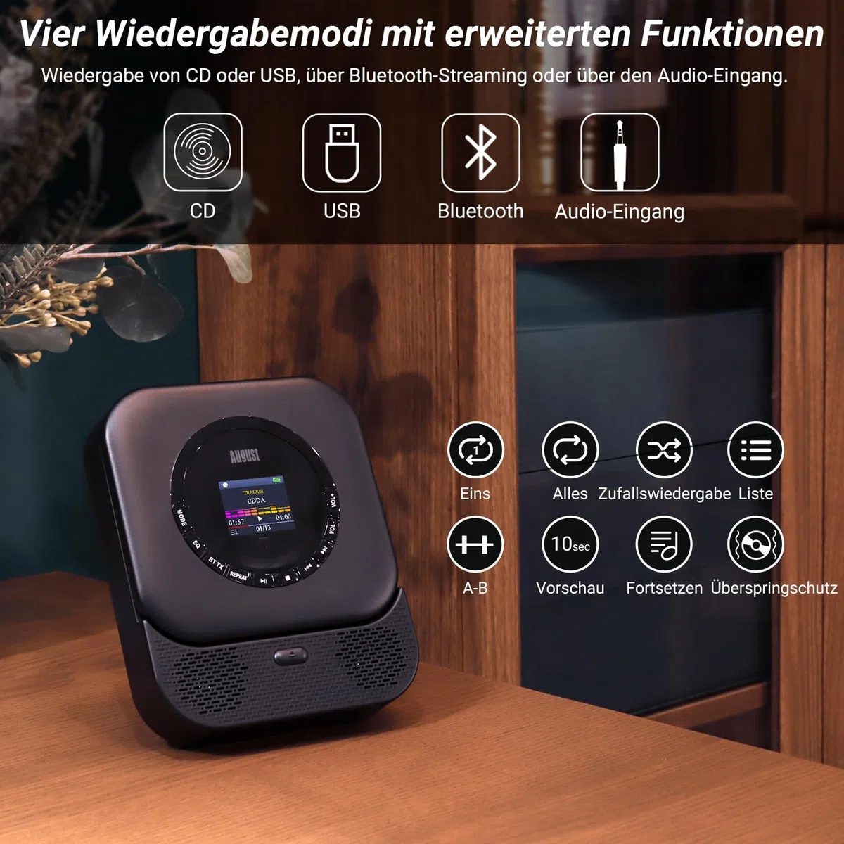 August SE15 Tragbarer Bluetooth 5.3 CD Player mit Lautsprecher 3,5mm Audio In/Out Wiederaufladbar CD Spieler mit USB/Equalizer/Überspringschutz/Wiederholungsmodus/Wandhalterung/Ohrhörer&Fernbedienung