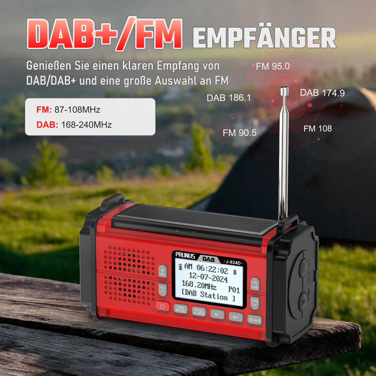 PRUNUS J-924 Digital Radio DAB+/UKW, Kurbelradio Notfall mit 10000mAh Akku, DAB Radio mit Bluetooth, Notfallradio mit Taschenlampe/SOS Alarm/Handyladefunktion für Ourdoor, Notfall. (Rot)