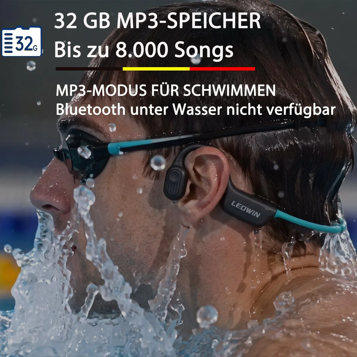 Leowin Knochenleitung Kopfhörer, TÜV geprüft bis 10 m wasserdicht, IP68 Open-Ear für Schwimmen & Sport, 32 GB MP3 Player, Bluetooth 6.0, 15 h Akku