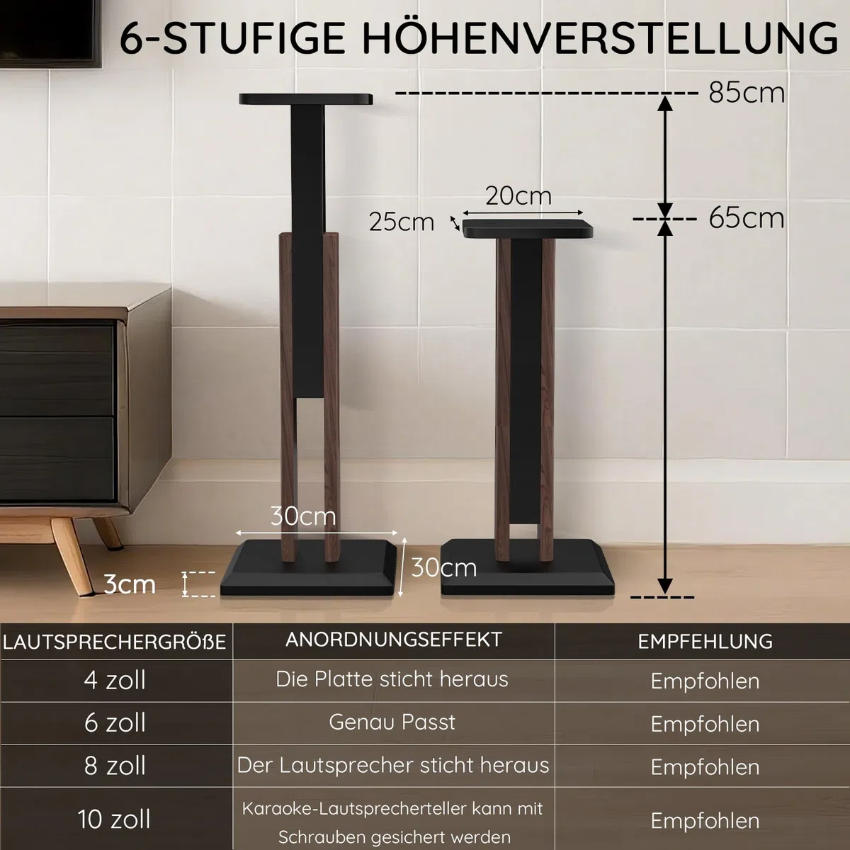Lautsprecherständer 65-85cm höhenverstellbar, Boxenständer Holz für Satelliten Regallautsprecher von 4 bis 10 Zoll, 20kg Tragkraf, 2er-Set