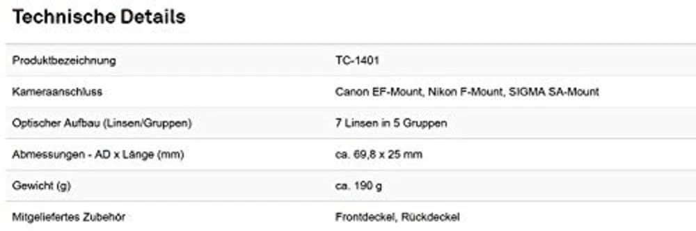 Sigma TC-1401 1,4-fach Telekonverter für Nikon F Mount