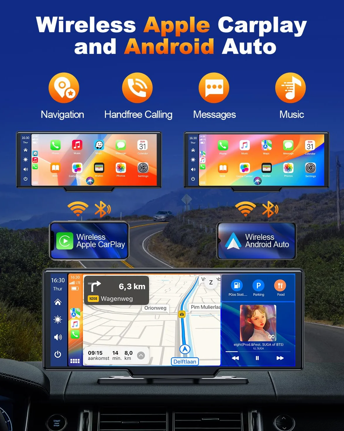 Volam Wireless Carplay Android Auto Display mit 9,26 Zoll Touchscreen, Mirror Link, Live-Navigation, Musikspielen, Siri, Google-Assistent, Bluetooth 5,0, AUX, FM