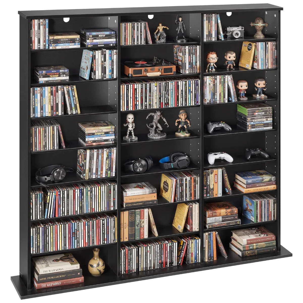 VEVOR DVD-Regal mit 24 Fächern (8 Ebenen), Medienregal Standregal 142 x 22 x 130 cm, Platzsparendes Aufbewahrungsregal für CDs DVDs Bücher Spiele-Discs, Bücherregal für Wohnzimmer/Homeoffice, Schwarz