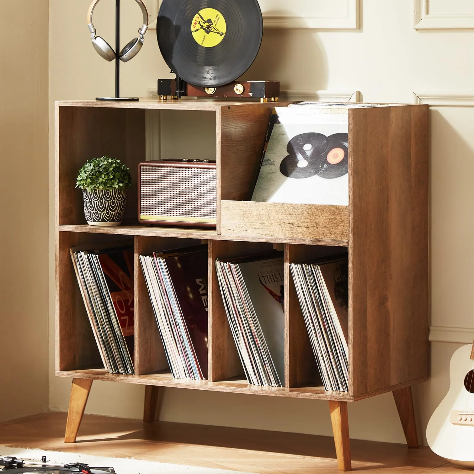 Großer Plattenständer mit Aufbewahrung,Plattenspieler-Ständer mit Ablage,Vinylplatten-Halterung mit Präsentationsfläche,Plattenständer für bis zu 300 Alben, Plattenregal für Musikzimmer und Wohnzimmer