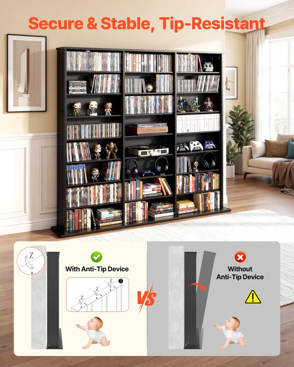 VEVOR DVD-Regal mit 24 Fächern (8 Ebenen), Medienregal Standregal 142 x 22 x 130 cm, Platzsparendes Aufbewahrungsregal für CDs DVDs Bücher Spiele-Discs, Bücherregal für Wohnzimmer/Homeoffice, Schwarz