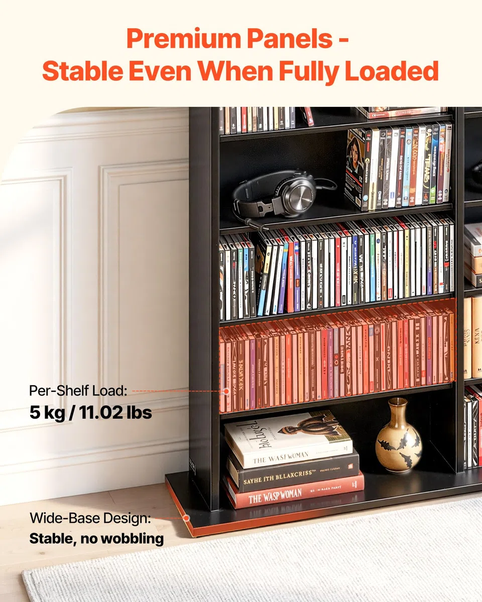 VEVOR DVD-Regal mit 24 Fächern (8 Ebenen), Medienregal Standregal 142 x 22 x 130 cm, Platzsparendes Aufbewahrungsregal für CDs DVDs Bücher Spiele-Discs, Bücherregal für Wohnzimmer/Homeoffice, Schwarz