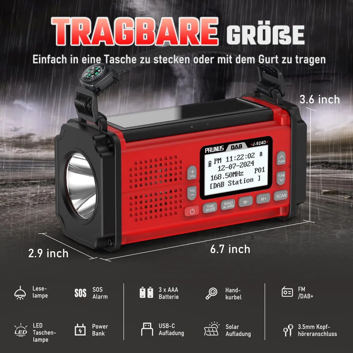 PRUNUS J-924 Digital Radio DAB+/UKW, Kurbelradio Notfall mit 10000mAh Akku, DAB Radio mit Bluetooth, Notfallradio mit Taschenlampe/SOS Alarm/Handyladefunktion für Ourdoor, Notfall. (Rot)