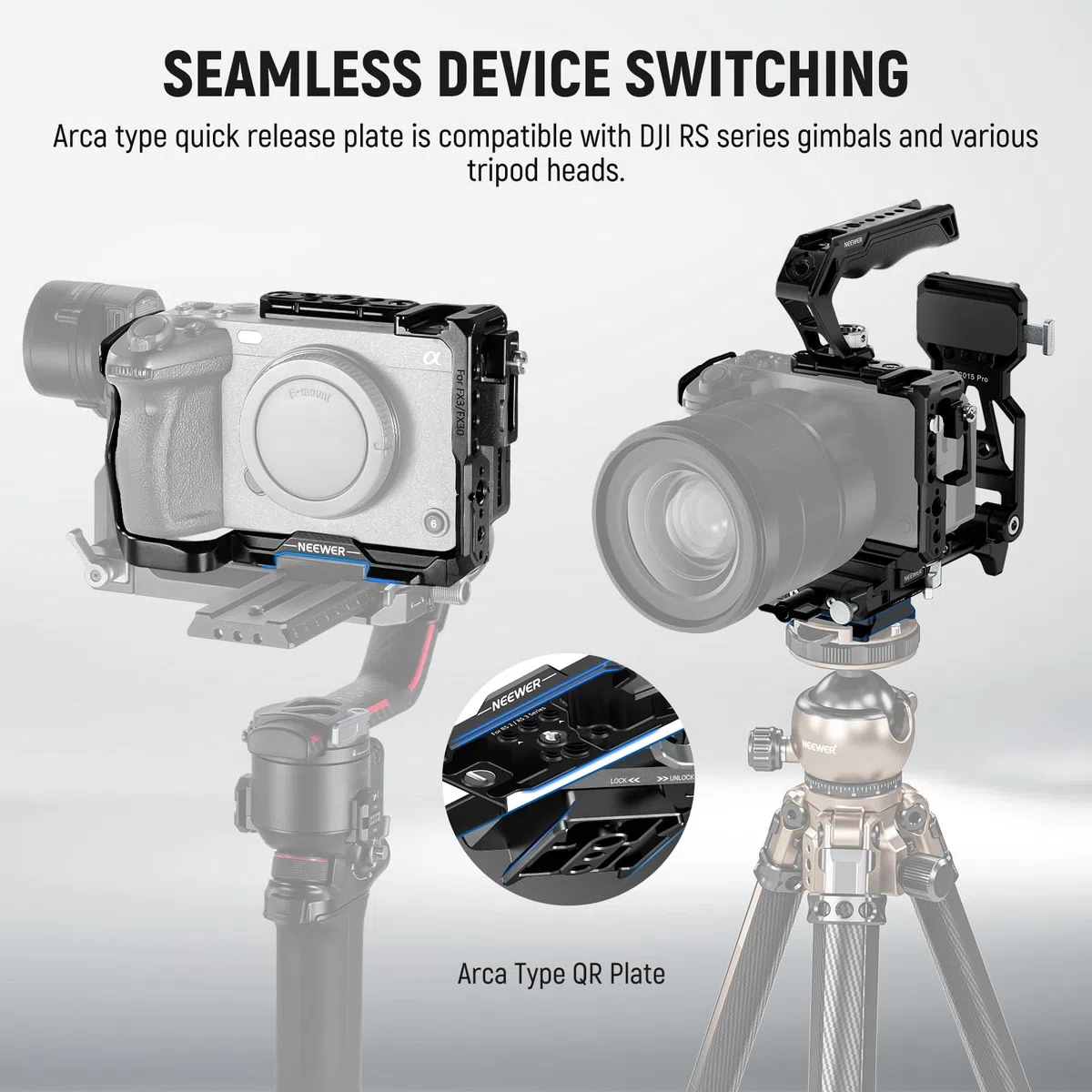 NEEWER CA011 FX3/FX30 Kamera Cage Set Kompatibel mit Sony FX3 FX30 DJI RS4 RS3 RS2, Video Rig Stabilizer mit CA007 Top Handle 3/8" Schraube für PS015 Pro Arca Type V Mount Battery Plate