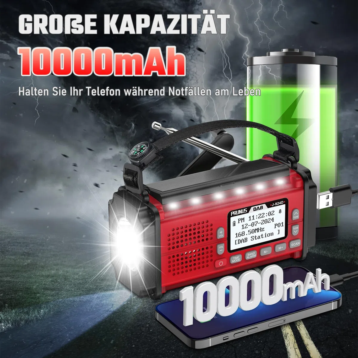 PRUNUS J-924 Digital Radio DAB+/UKW, Kurbelradio Notfall mit 10000mAh Akku, DAB Radio mit Bluetooth, Notfallradio mit Taschenlampe/SOS Alarm/Handyladefunktion für Ourdoor, Notfall. (Rot)