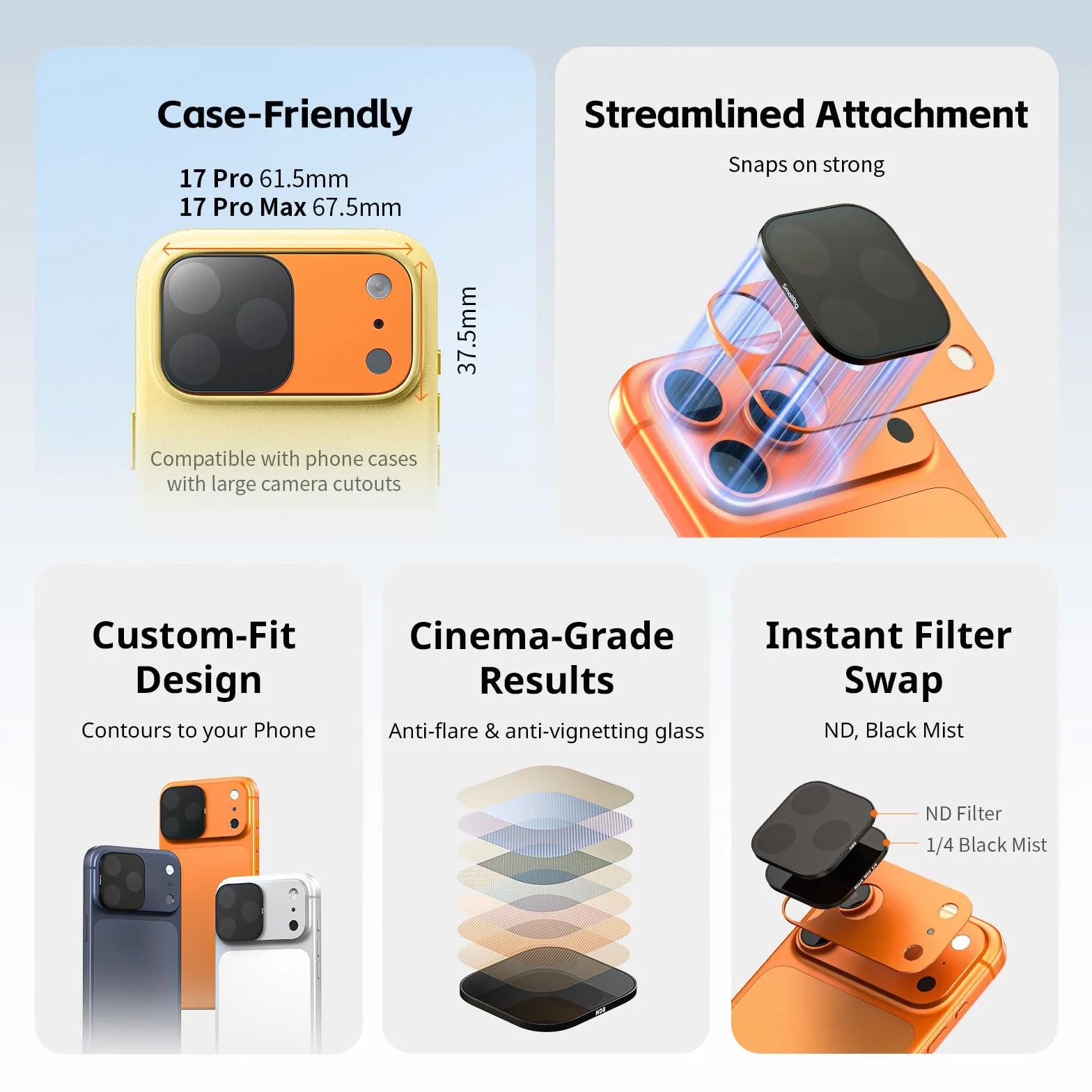 SMALLRIG Square ND & Black Mist Filter Kit für iPhone 17 Pro Max, Magnetische Objektivfilter mit Basishalterung, Black Mist Diffusion 1/4 Filter/ND2/ND4/ND8/ND16/ND32, 6er-Pack, Blau – 6076