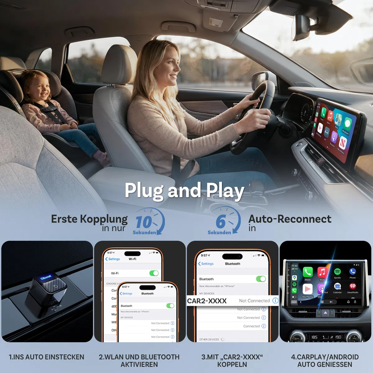 OTTOCAST Mini Core 2-in-1 Kabelloser CarPlay & Android Auto Adapter, Micro Mini Cube Wireless Car Dongle mit Smart-Switch-Taste, Wi-Fi 6 & Bluetooth 5.4, Automatische Verbindung für 98% der Fahrzeuge