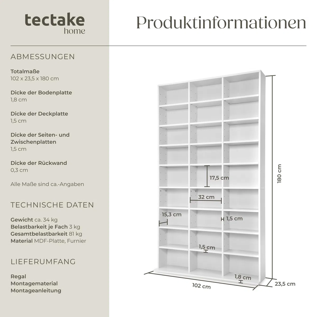 tectake Regal Aufbewahrung, offene Schrank Wand stehend für CDs, DVDs, als Bücherregal, Raumtrenner, Ständer oder Vitrine für Sammlungen und Hobby - weiß