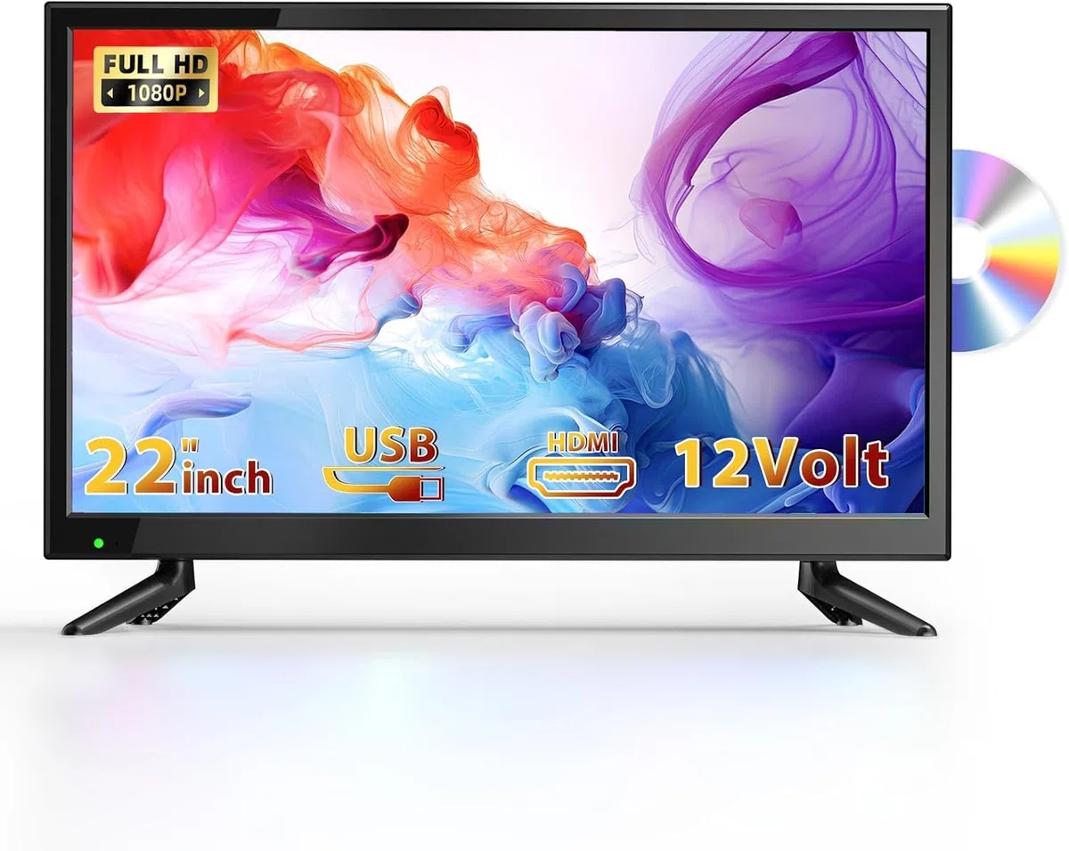 DESOBRY 22 Zoll Kleiner Fernseher mit Integriertem DVD-Player | 1080P Mini TV, DVB-T2-Tuner und Antenne, HDMI/USB Eingang, 12V TV-DVD-Kombination, Für Wohnmobile, Küchen und Kleine Räume