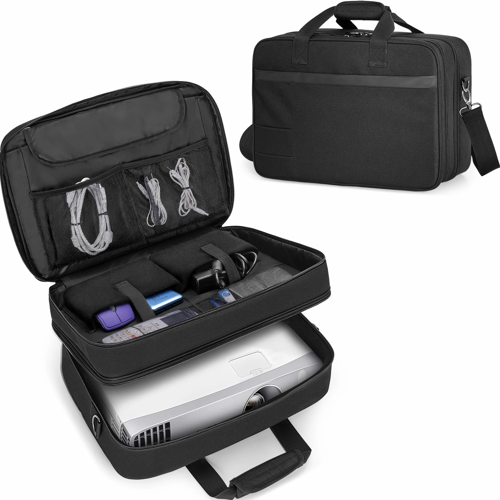 CURMIO Projektor Tasche mit Laptop-Fach, Beamer Tasche Kompatibel mit die Meisten Projektoren und Zubehör, Schwarz