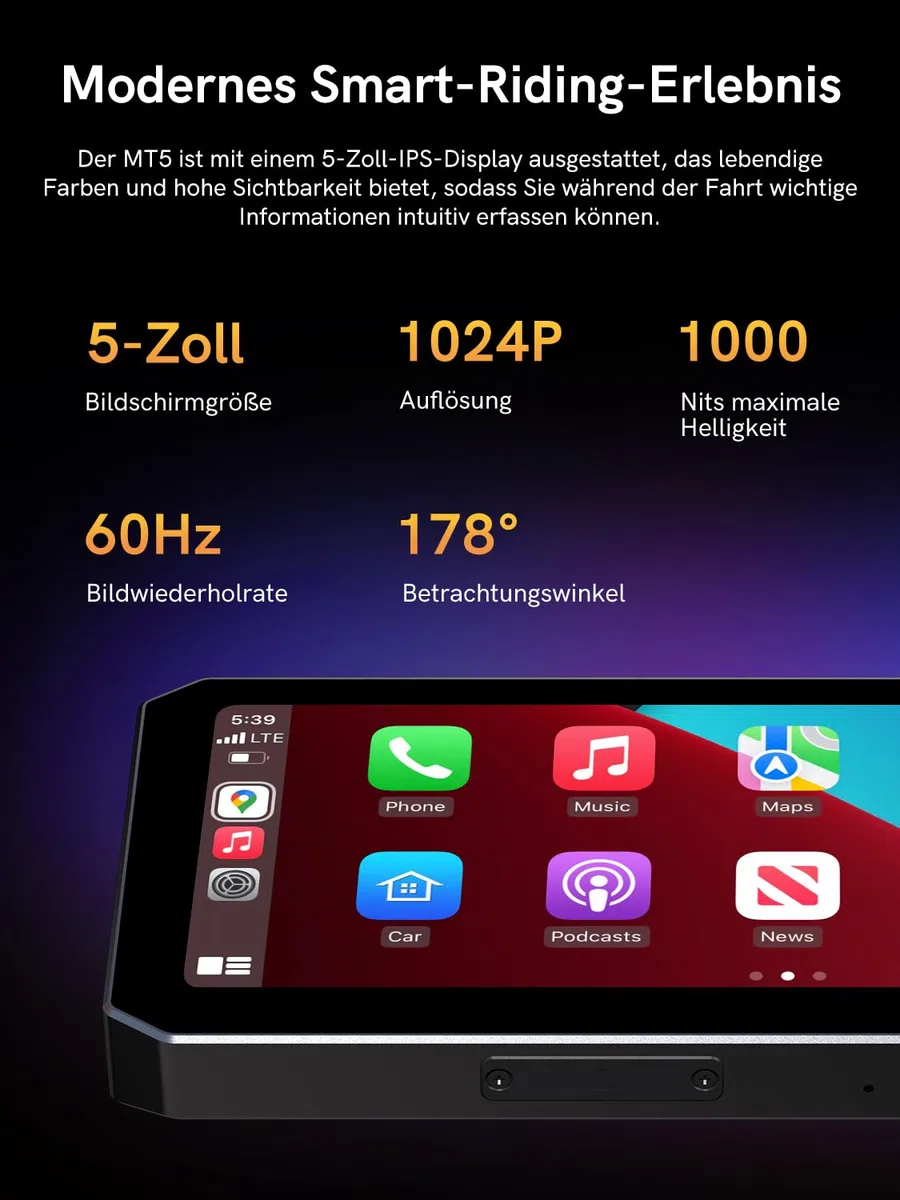 Motorrad Navi Display, CarPlay- & Android Auto kompatibel, 5 Zoll Wasserdichtem Touchscreen, Integriertes GPS, IP68 Wasserdicht, Front-/Rückkameras Motorrad Fahrrekorder