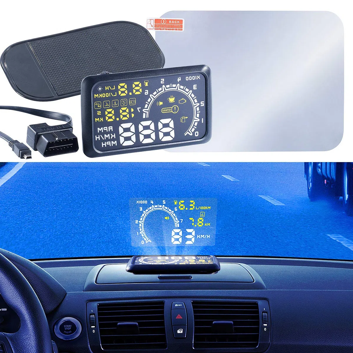 Lescars OBD2-Monitor: Head-up-Display HUD-55C für OBD2-Anschluss mit Armaturenbrett-Ablage (OBD2-Displays, Head-Up-Displays OBD2, nachrüsten)