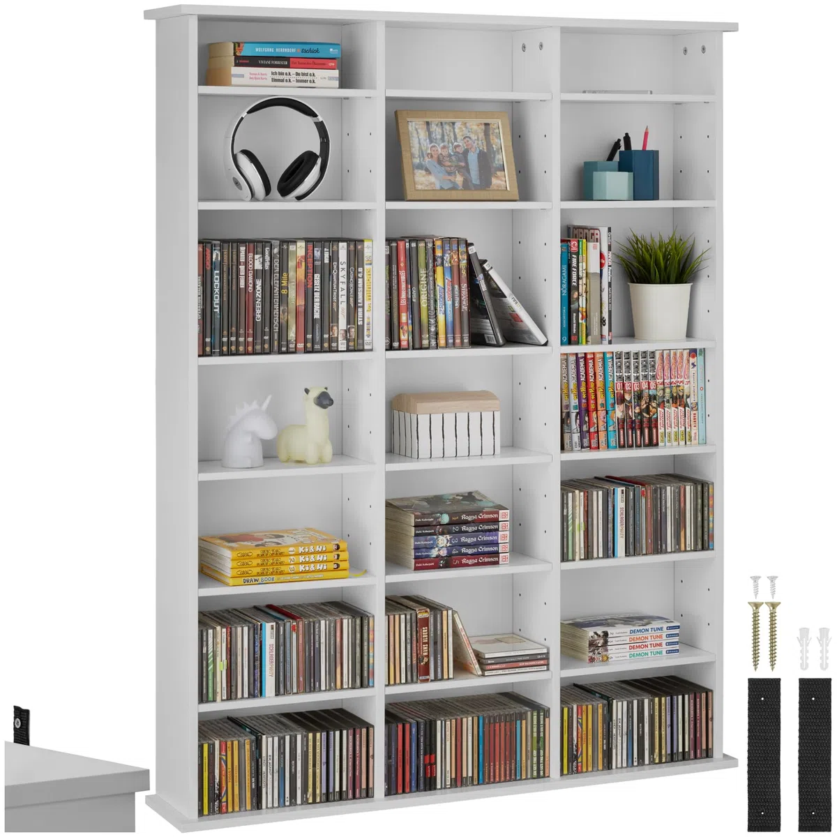 tectake® CD Regal, DVD Ständer, Raumteiler Schrank, Wand Regale Weiß, 18 Einstellbare Zwischenböden, Manga Aufbewahrungssystem - Weiß Matt