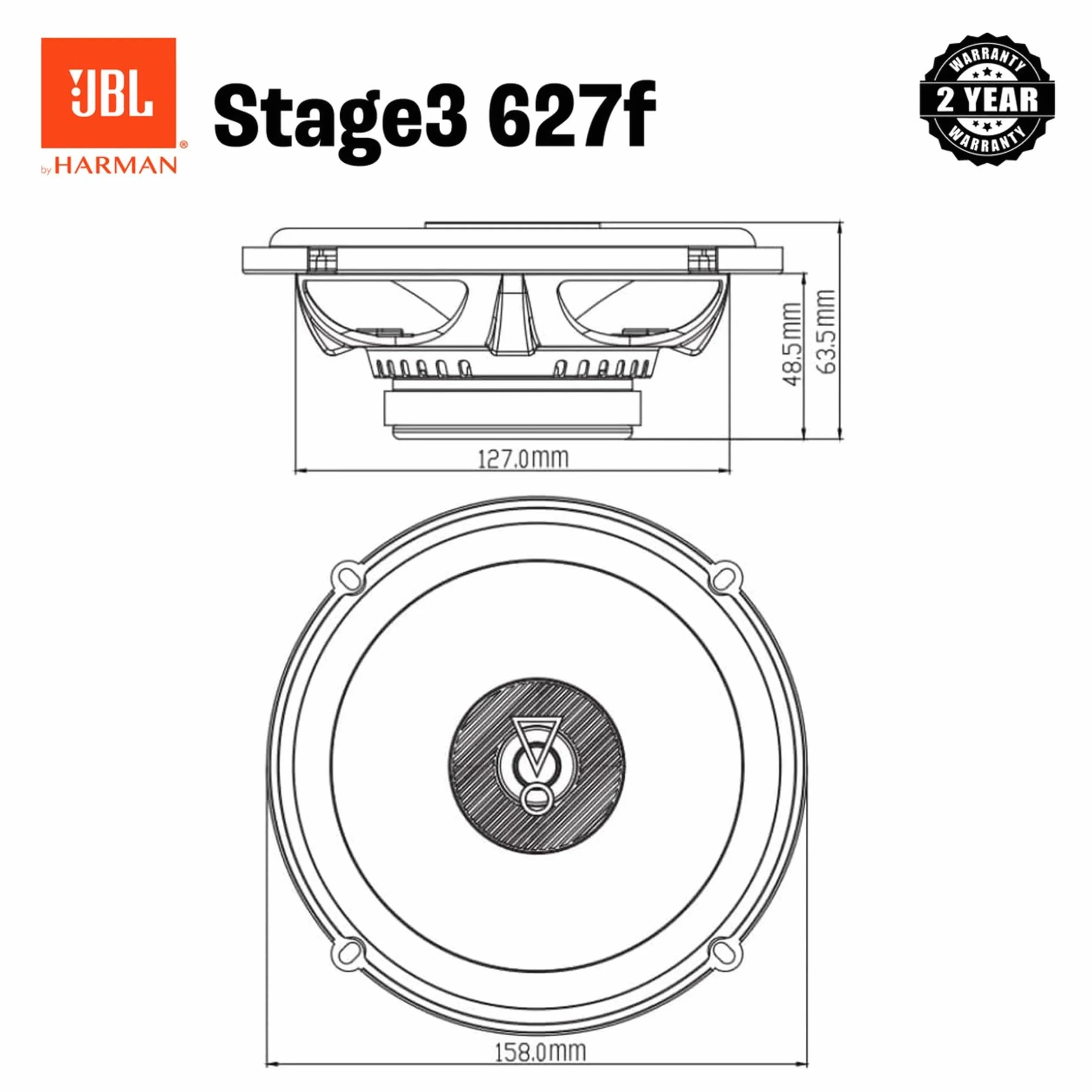 JBL Stage3 627F 2-Wege-Autolautsprecher-Set 16 cm — 225 Watt Harman Kardon Lautsprecher — 2-teiliges großes Auto-HiFi-Stereosystem — 160 mm — 6,5 Zoll ohne Grillabdeckung