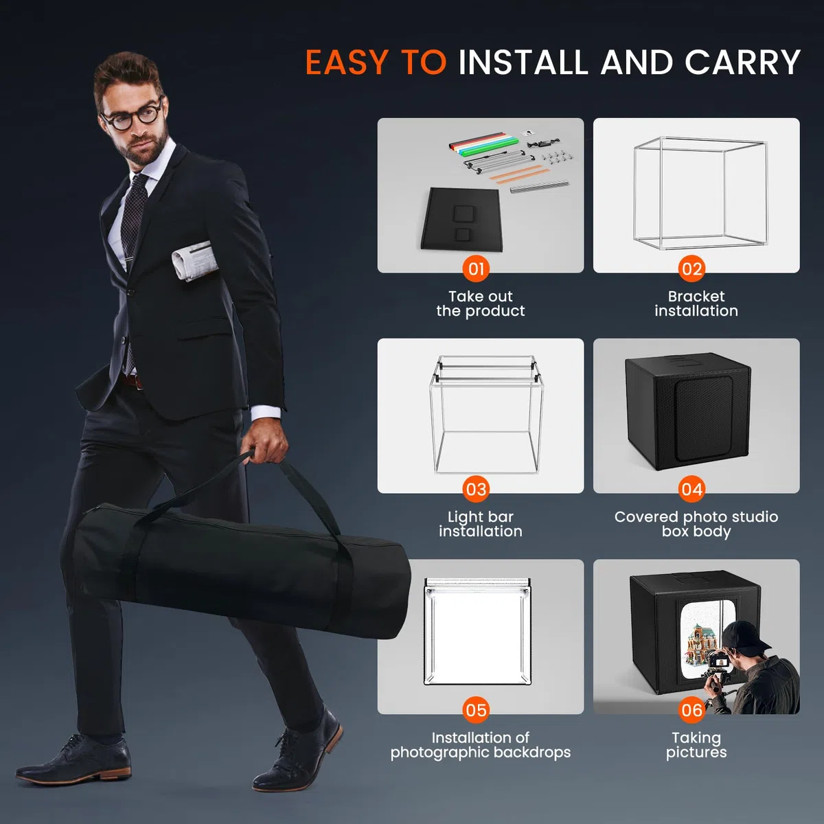 Fotobox, 60CM 5600K Ständer Fotografie Lichtbox, 0-100% Einstellbare Helligkeit Lichtbox Ausgestattet mit 6 Bunten Hintergrundtafeln und 126 LED-Perlen, Fotostudio Set für Produktfotografie