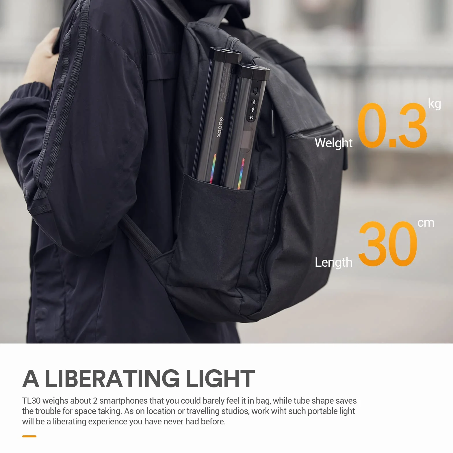 Godox TL30 RGB LED-Licht Stick, CRI 97 und TLCI 99, Tube Light mit RGB/CCT/HSI/FX-Modus, 2700k-6500K, APP Control mit integrierter Lithiumbatterie für Schießen, Live-Übertragung