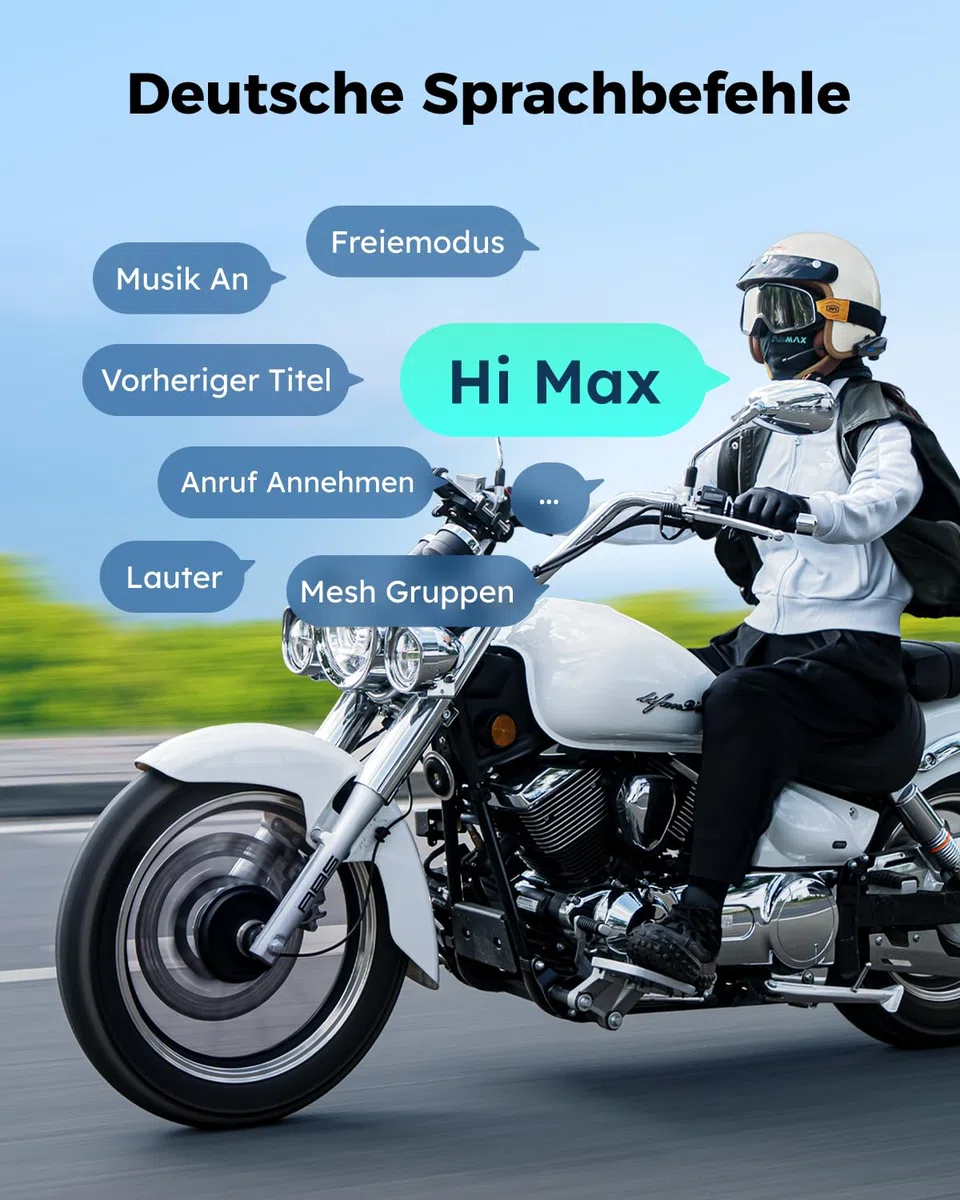 ASMAX S1 Motorrad Bluetooth Headset, Mesh Intercom für 8 Fahrer, Bluetooth 5.4 Helm Gegensprechanlage mit Sprachsteuerung/CloudTalk für 50 Fahrer/FM Radio/Schnellladung/Musik Teilen, Einzelpack