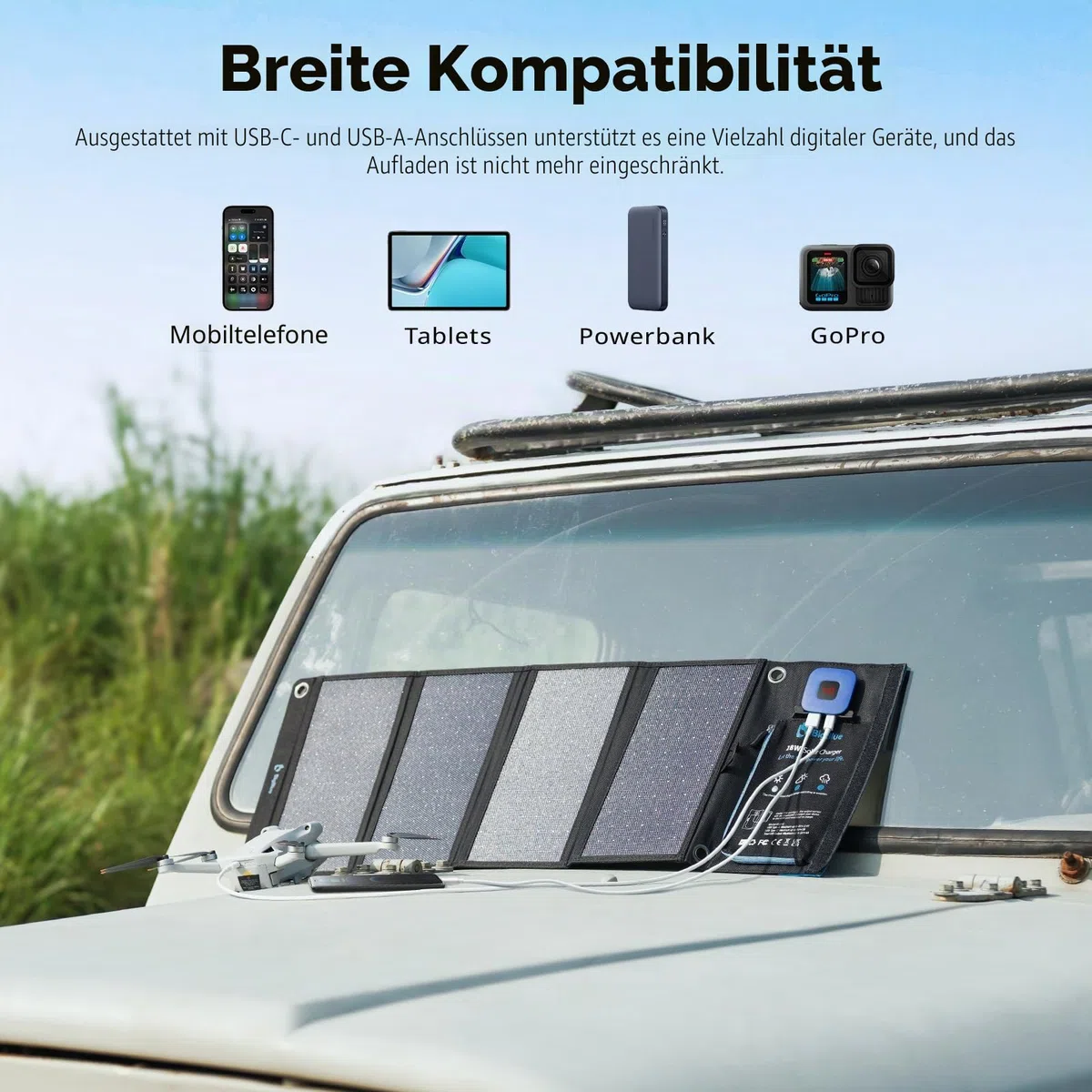 BigBlue 28W Tragbares Solar-Ladegerät mit 2 Ports (USB-C/USB-A), 5V/4A Gesamtausgang, IP44 Solarpanel mit Digital Amperemeter und Reißverschluss-Schutz für Geräte wie iPhone, Android, GoPro und mehr