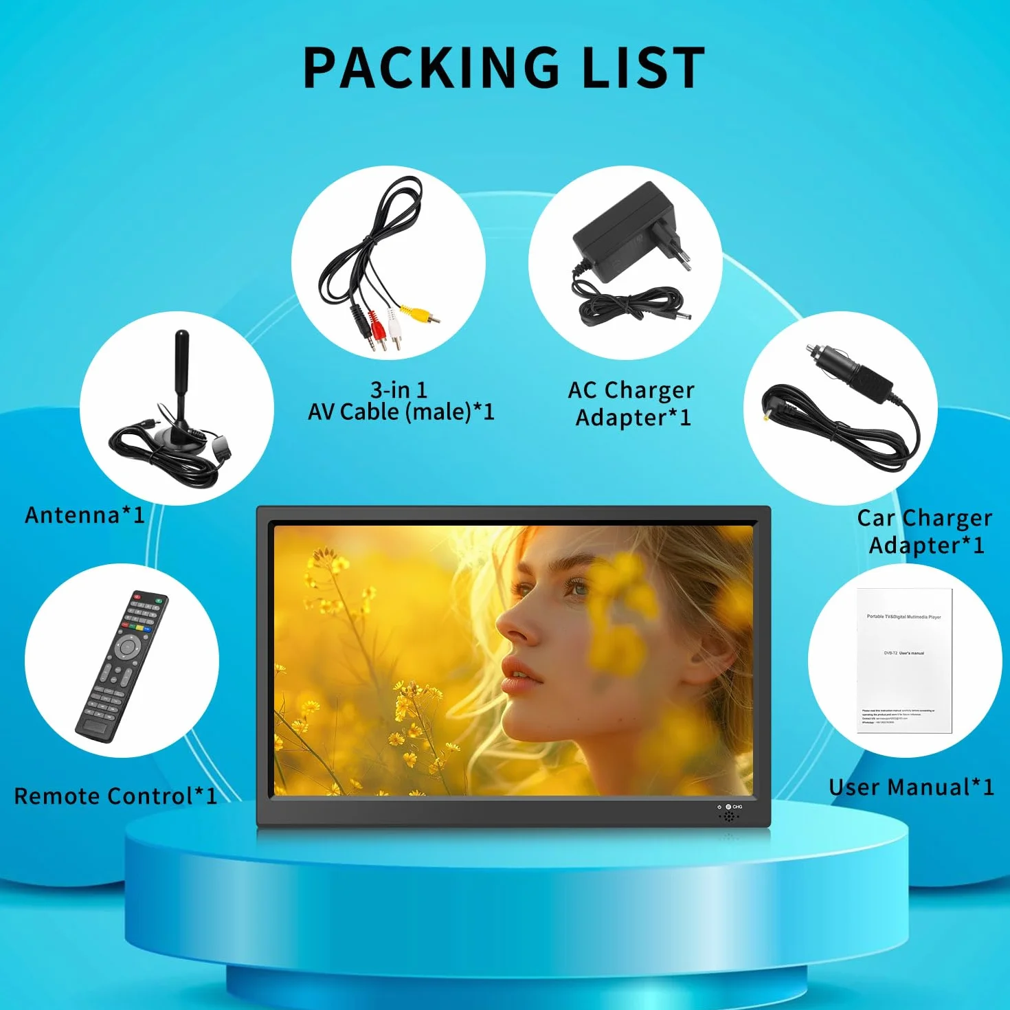 KCR 15,6-Zoll Digital TV, DVB-T2 Tuner, mit Netzkabel und 12 Volt Ladekabel, AV Eingang, HDMI Eingang, USB Slot, Fernbedienung, Tv Freeview