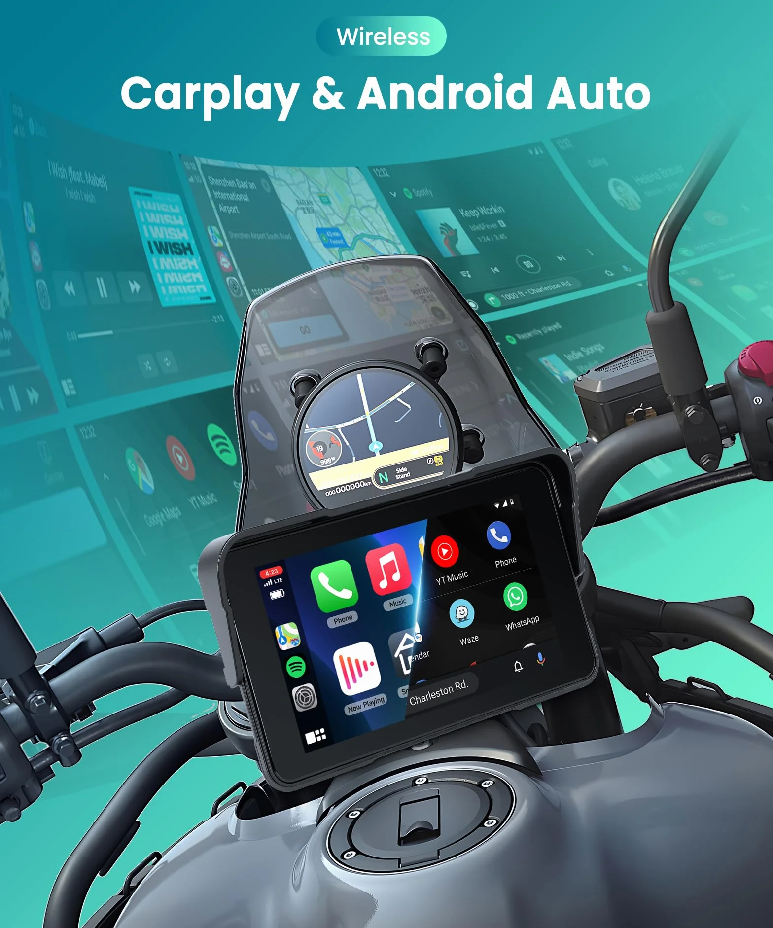 VECHTEL Motorrad Navi Kabelloses CarPlay und Android Auto per Moto, 5 Zoll HD Touchscreen GPS Navigation für Motorrad mit IP68 Wasserdicht, Bluetooth, Assistente Siri/GOO-gle, TPMS, Typ-C