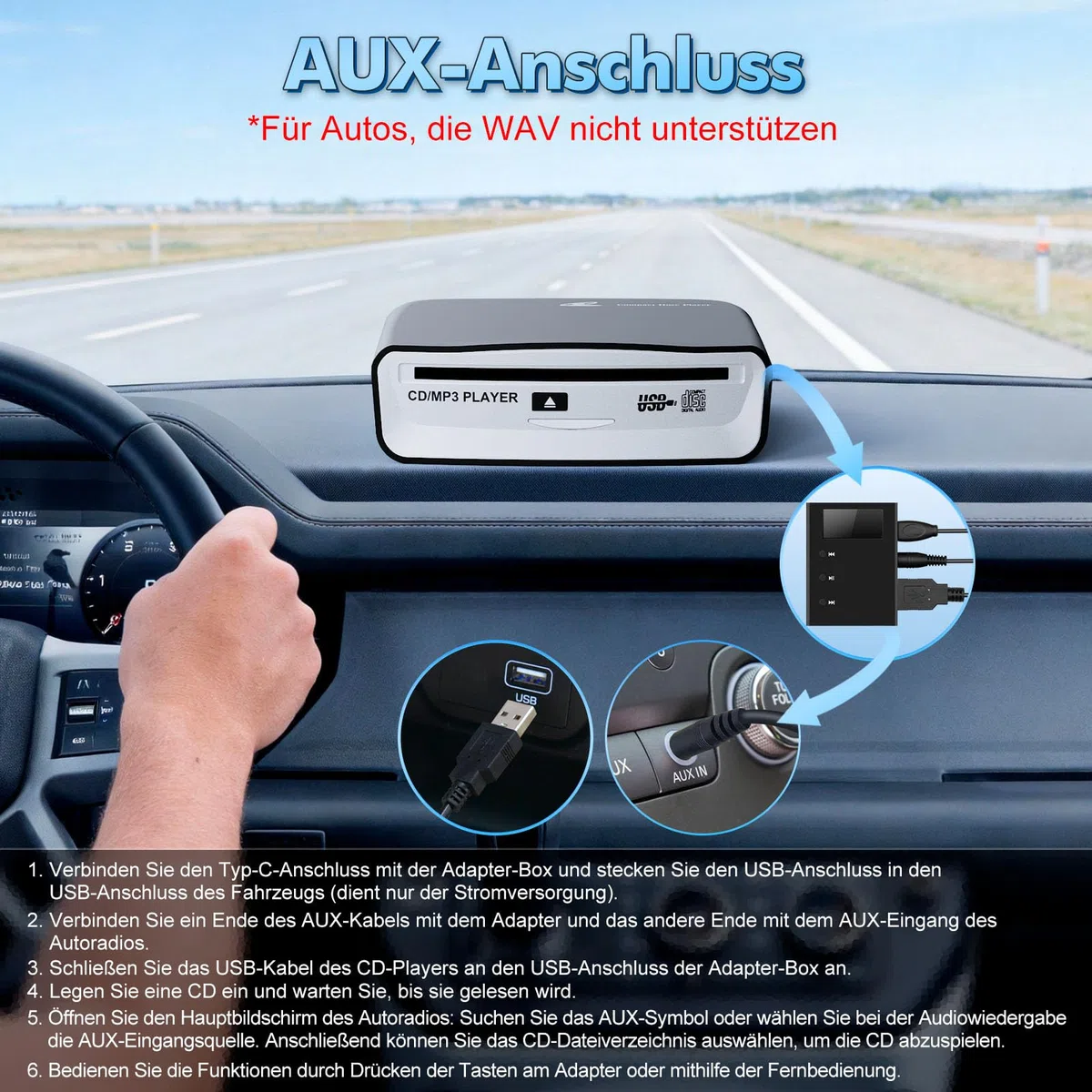 Auto CD Player mit USB-Anschluss - Timzeit Extern Universal CD Player für Auto PKW LKW mit AUX-kabel und Fernbedienung, Externes CD Laufwerk für Laptop, PC, Fernseher, kompatibel mit Android Autoradio