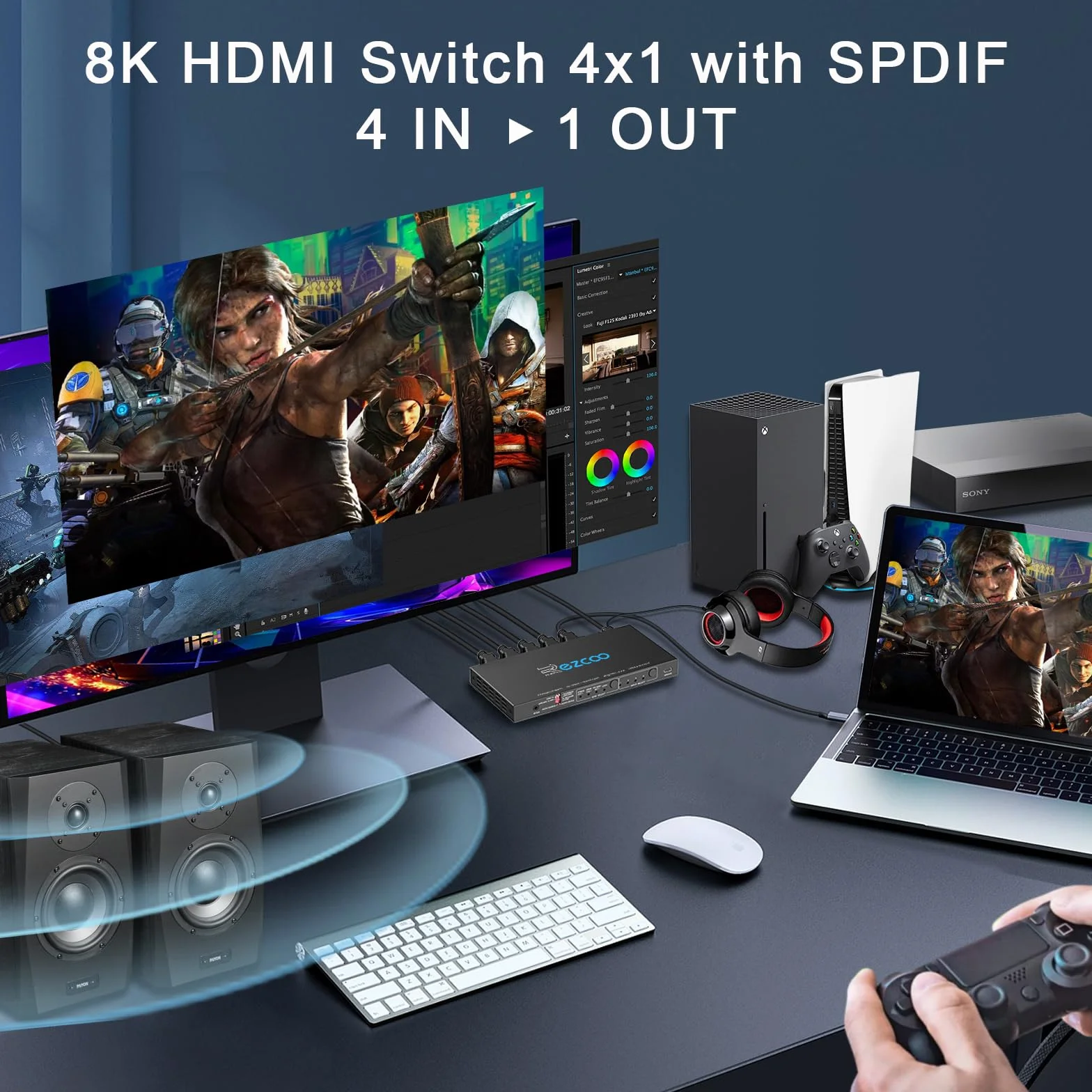 4K 120Hz HDMI 2.1 Switch Umschalter 4x1 eARC Audio Extractor VRR ALLM HDCP2.3 ARC HDR10 CEC SPDIF Optisch und 3.5mm Audio Out,HDMI Switcher 4 IN 1OUT IR Remote Dolby Digital EDID für PS5 Xbox AMD