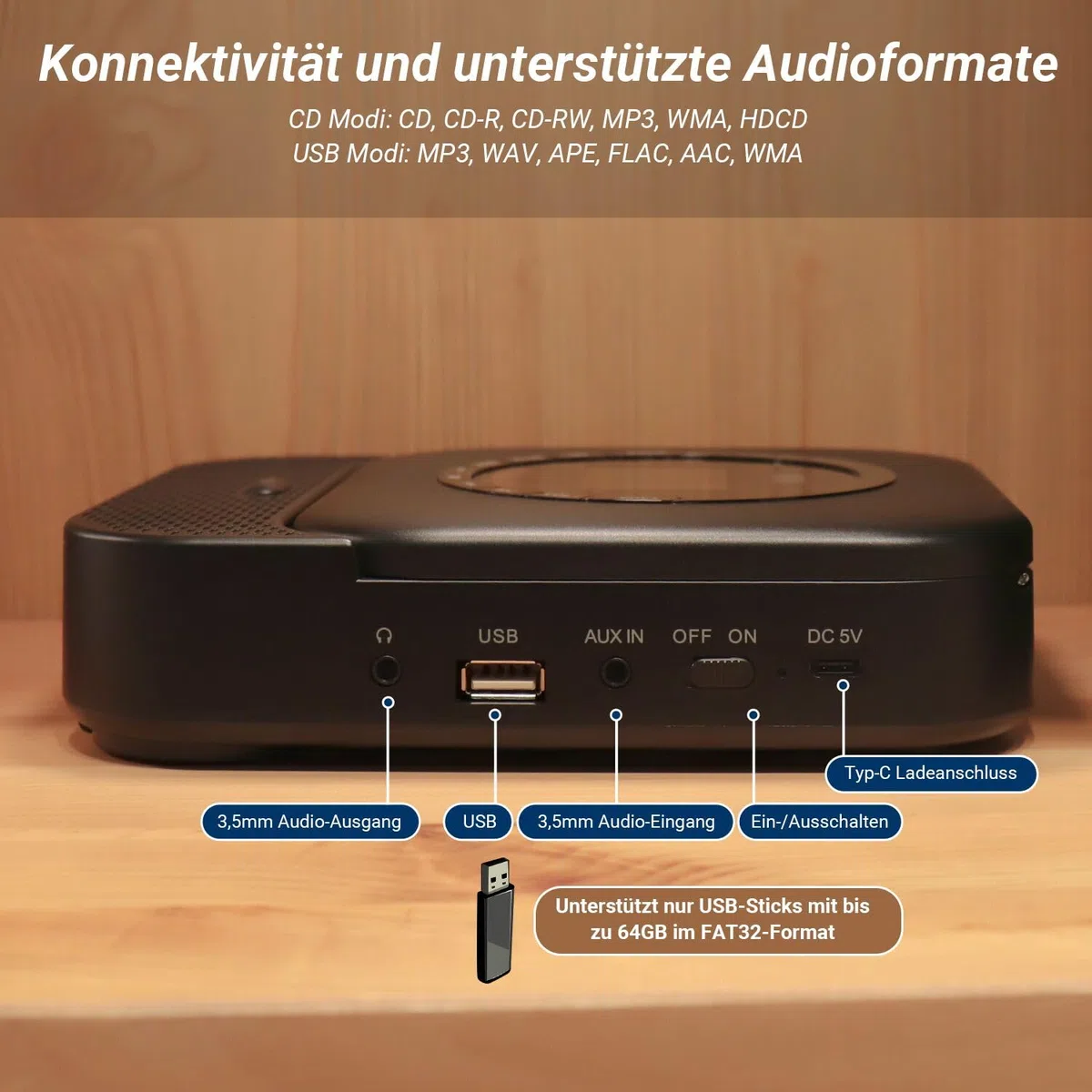 August SE15 Tragbarer Bluetooth 5.3 CD Player mit Lautsprecher 3,5mm Audio In/Out Wiederaufladbar CD Spieler mit USB/Equalizer/Überspringschutz/Wiederholungsmodus/Wandhalterung/Ohrhörer&Fernbedienung