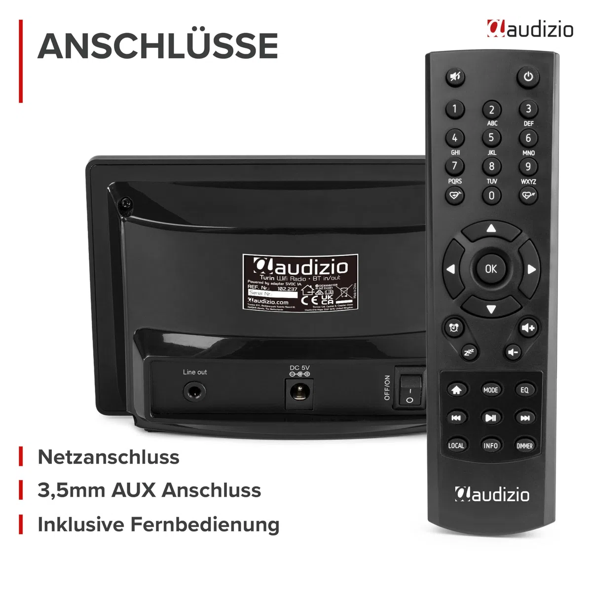 Audizio Turin Internetradio Adapter WLAN & Bluetooth - WLAN Radio Tuner für Stereoanlage & Aktivboxen - Internet Radio Receiver - 2,4" Farbdisplay, Line-Out, Wecker & Fernbedienung - Schwarz