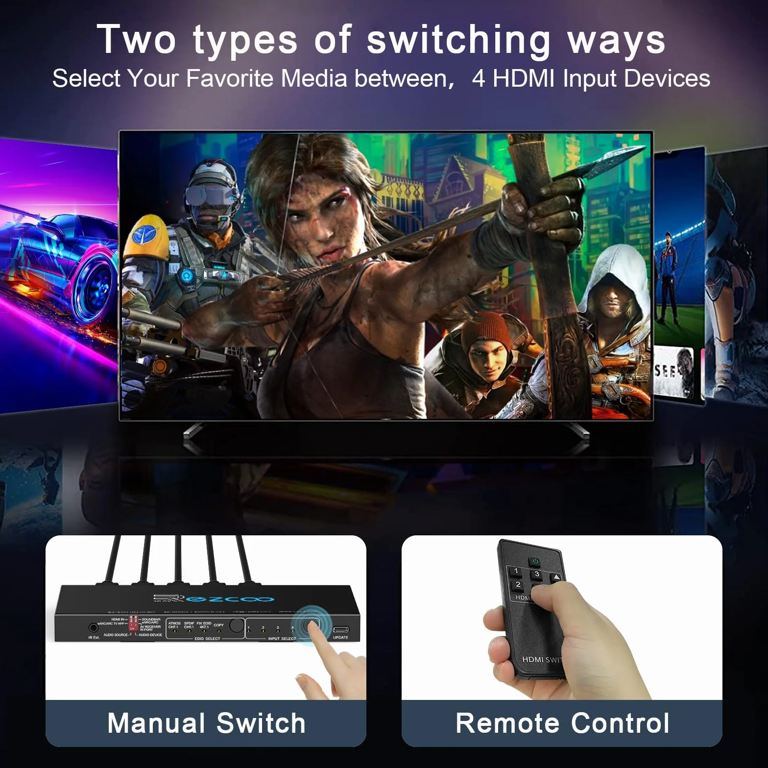4K 120Hz HDMI 2.1 Switch Umschalter 4x1 eARC Audio Extractor VRR ALLM HDCP2.3 ARC HDR10 CEC SPDIF Optisch und 3.5mm Audio Out,HDMI Switcher 4 IN 1OUT IR Remote Dolby Digital EDID für PS5 Xbox AMD