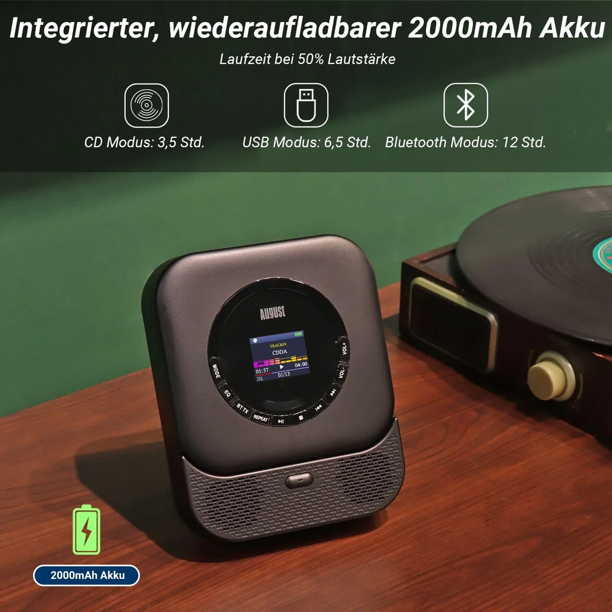 August SE15 Tragbarer Bluetooth 5.3 CD Player mit Lautsprecher 3,5mm Audio In/Out Wiederaufladbar CD Spieler mit USB/Equalizer/Überspringschutz/Wiederholungsmodus/Wandhalterung/Ohrhörer&Fernbedienung