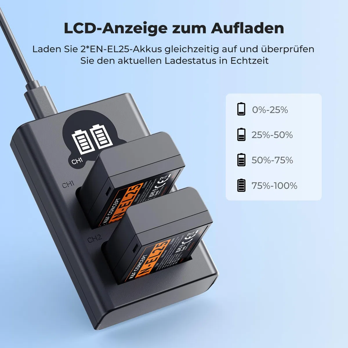 K&F CONCEPT EN-EL25 Ersatzakku 2er-Pack mit LCD Dual Slot Ladegerät, Kompatibel mit Nikon Z30 Z50 ZFC Z50ii Kameras