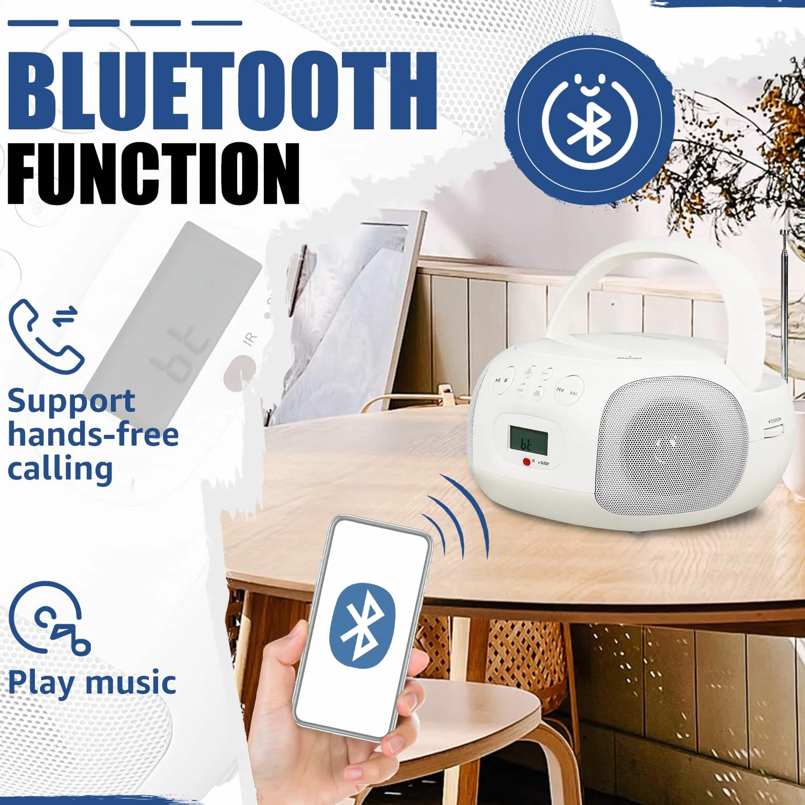 Retekess TR636 Tragbarer CD-Player, Boombox mit Bluetooth, FM Radio, USB,AUX-In,Sleep-Timer, Fernbedienung, Einfache Bedienung für Ältere Menschen (Weiß)