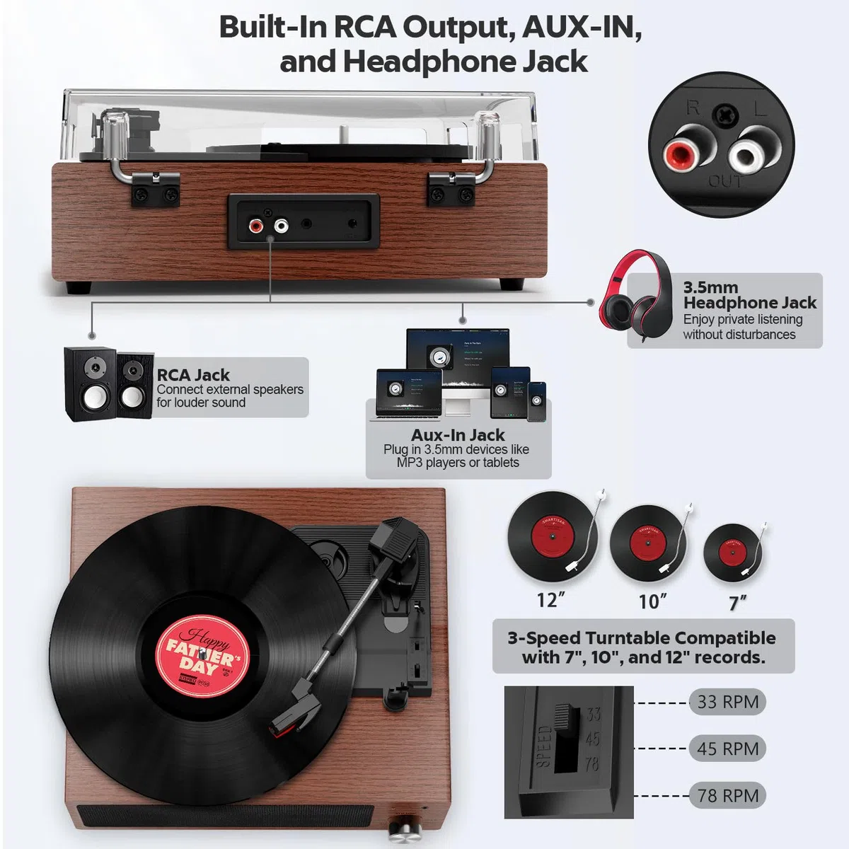 FYDEE Plattenspieler, Bluetooth 5.4 Schallplattenspieler mit Einstellbarer Auflagekraft, 2x3W Stereo Lautsprecher, 3 Geschwindigkeiten Record Player für Wohnzimmer, RCA/AUX, Auto-Stopp, Dunkelrot