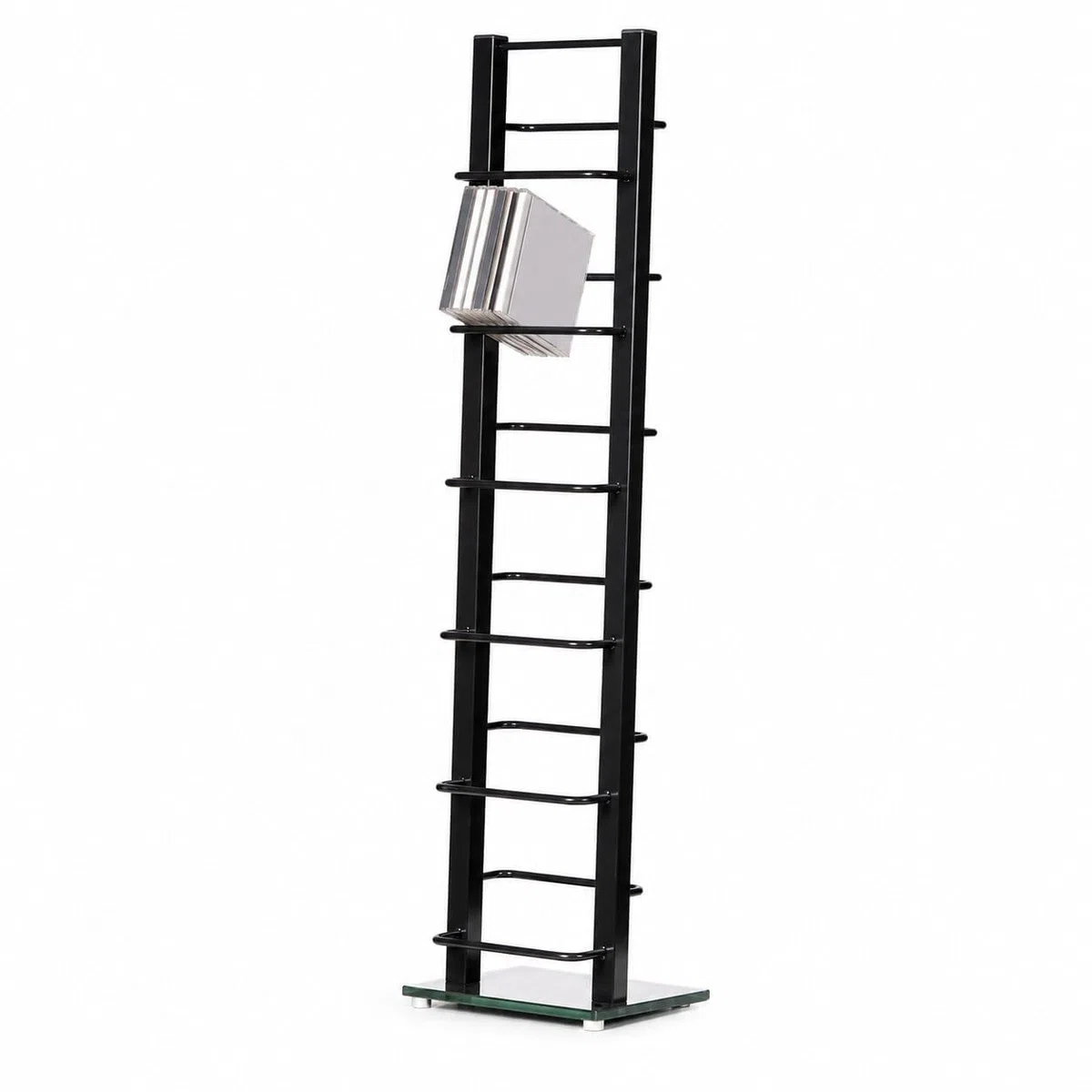 DESIGN CD STÄNDER CD REGAL LOUNGE TOWER schwarz 92cm aus Metall und Glas Aufbewahrung für ca 85 CDs