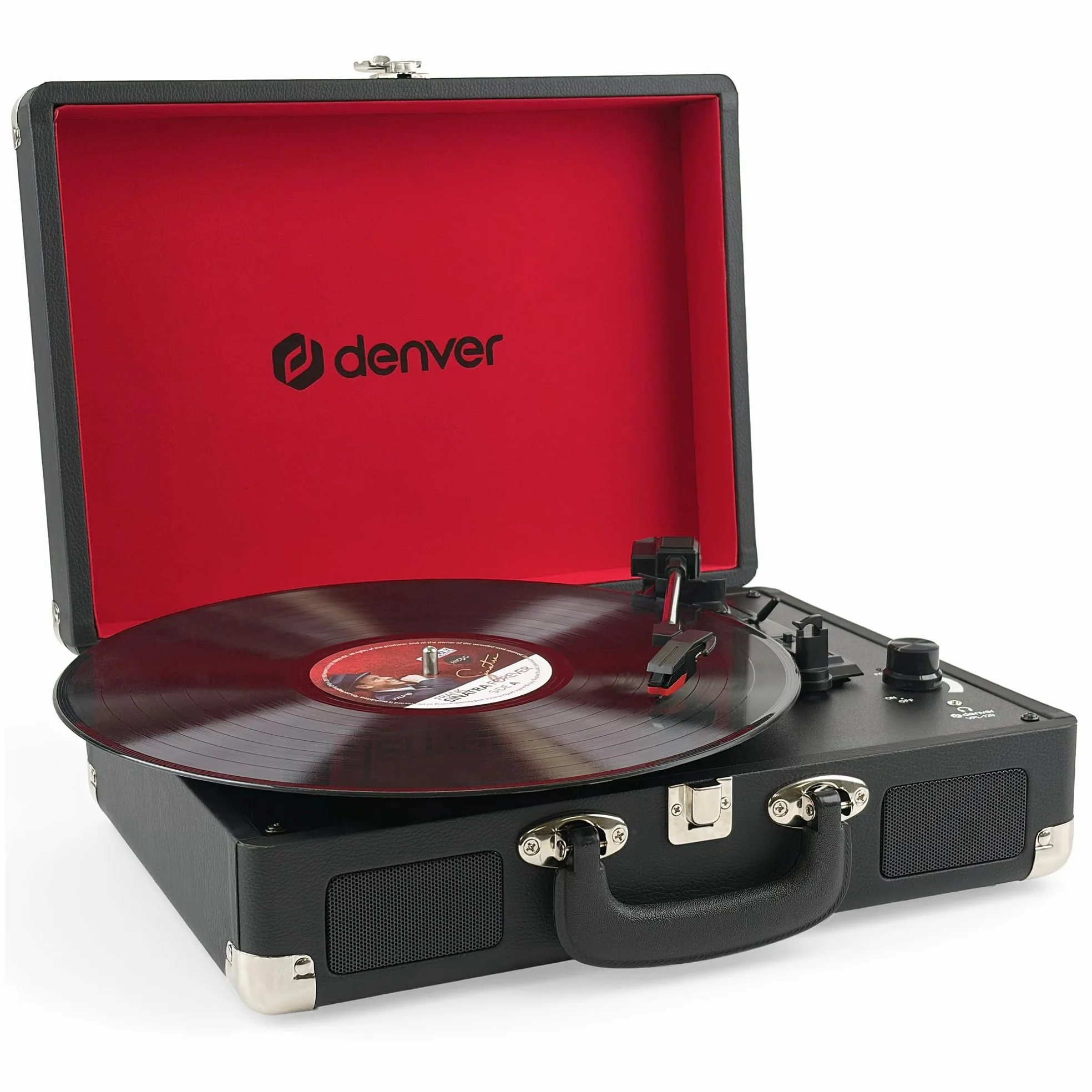 Denver VPL-120B Kofferplattenspieler Schwarz – Retro Plattenspieler mit Lautsprecher, USB Vinyl Player zum Digitalisieren, Auto-Stopp, Schallplattenspieler Vintage mit RCA-Ausgang