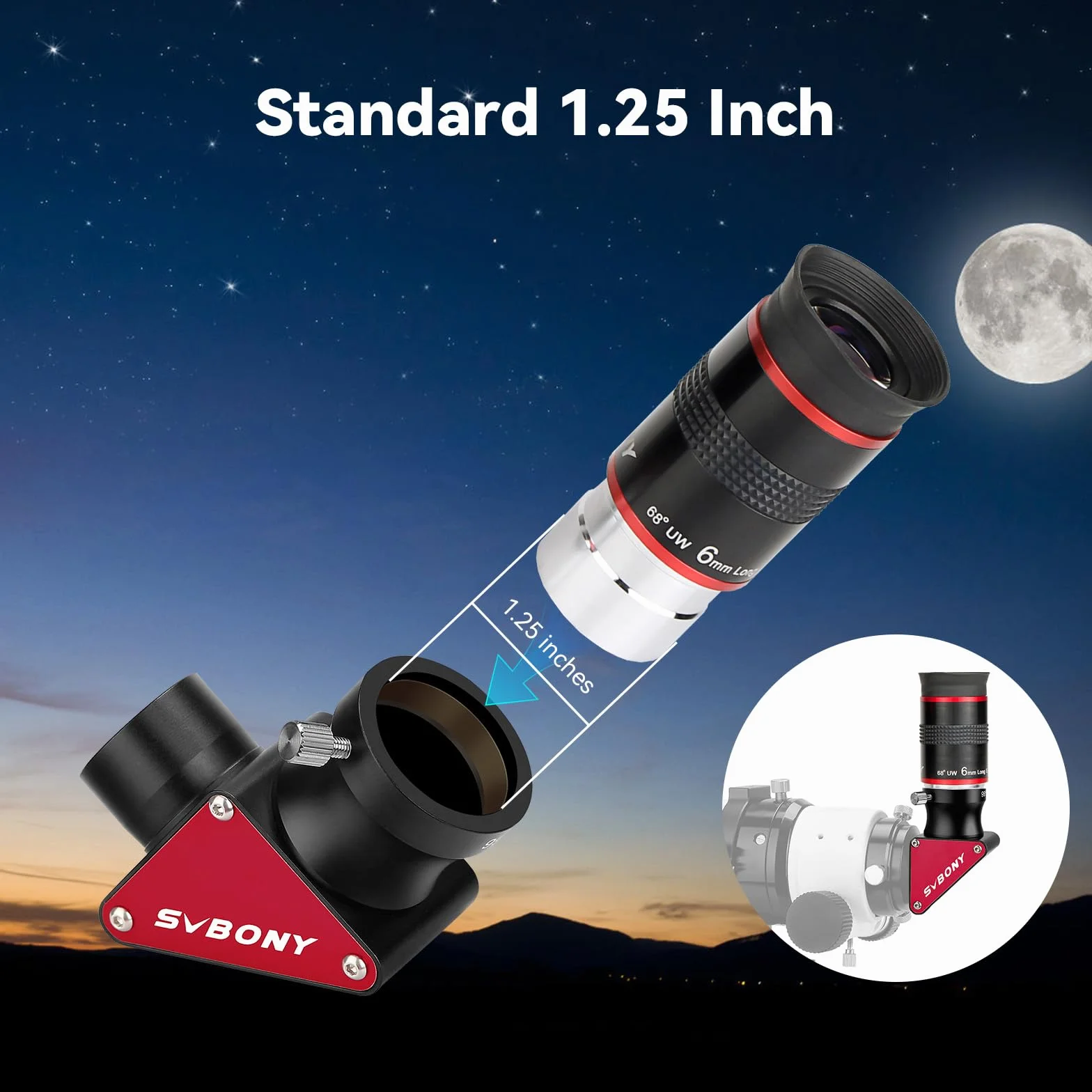 SVBONY Teleskop-Okular 68 Grad Ultra-Weitwinkel-Okular 6 mm und SV188P 90 Grad dielektrischer Spiegel Stern Diagonale, 3,2 cm, Teleskopzubehör für astronomische Teleskope Visual