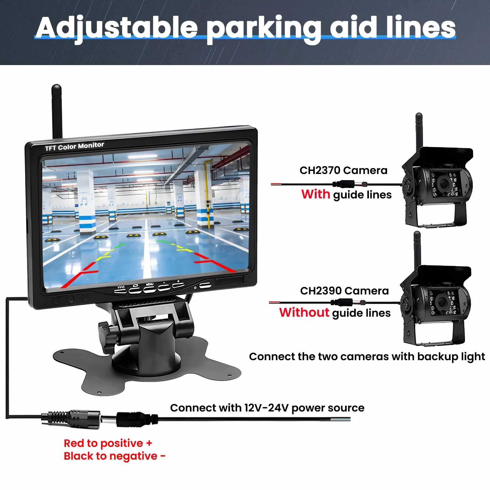 Kabelloses Rückfahrkameraset mit 7-Zoll-Bildschirm und 2 Wireless Rückfahrkameras, Nachtsicht, BSD, IP67 Wasserdicht, für Wohnmobile, LKWs und Wohnwagen, DC 12-24V