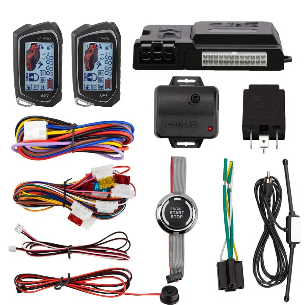 EASYGUARD EC207-M9 2 Way Car Alarm System with 1.73'' LCD Pager Display Push Start Button Remote Engine Start DC12V