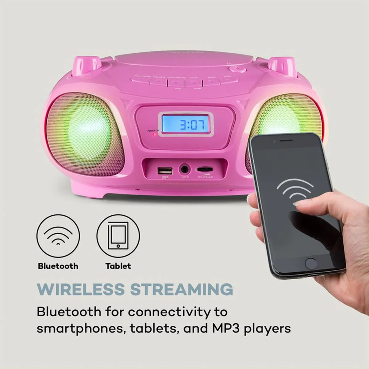 Auna Tragbarer Radio für Kinder mit CD Player, Mikrofon und USB, 3 W Boombox mit Bluetooth Funktion, AUX/FM Radio Tragbar mit LED-Display, MP3, 5.0 Streaming, CD-Radio mit für Mädchen und Jungen