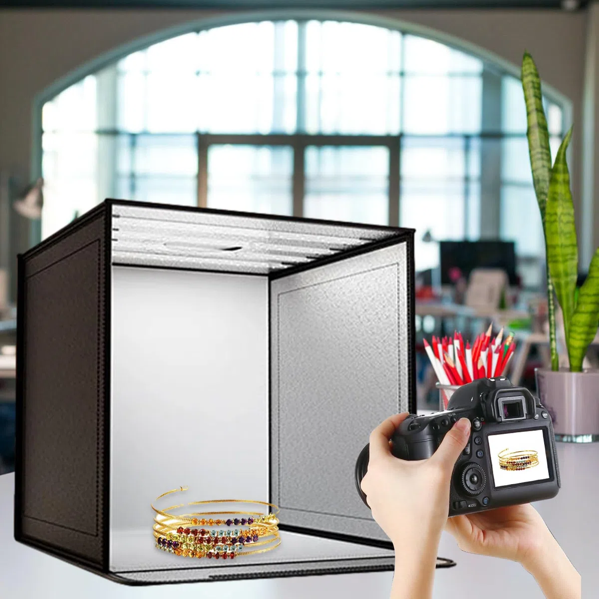 Fotobox - Faltende Fotostudio Box Mit 44x44 Dimmbares LED-Ringlicht - Tragbare Lichtzelt Fotografie Für Schmuck, Produktfotografie, Kleine Gegenstände