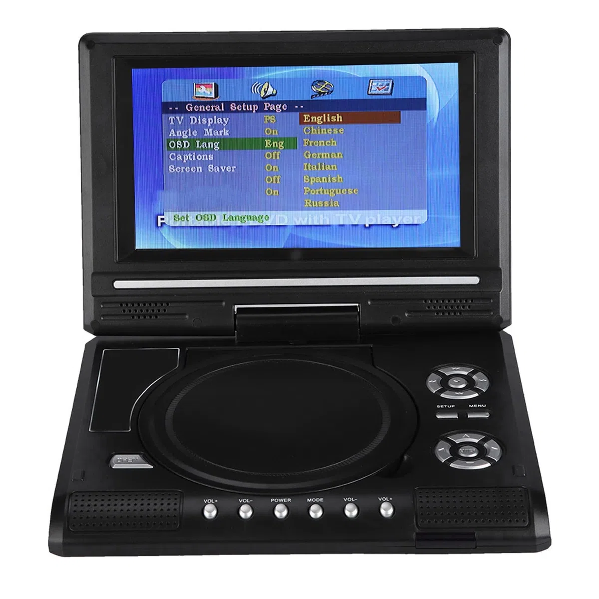 Tragbarer DVD-Player, 7 Zoll Drehbarer Bildschirm, Wiederaufladbar, mit TV-Autoladegerät, Gamepad (EU-Stecker)