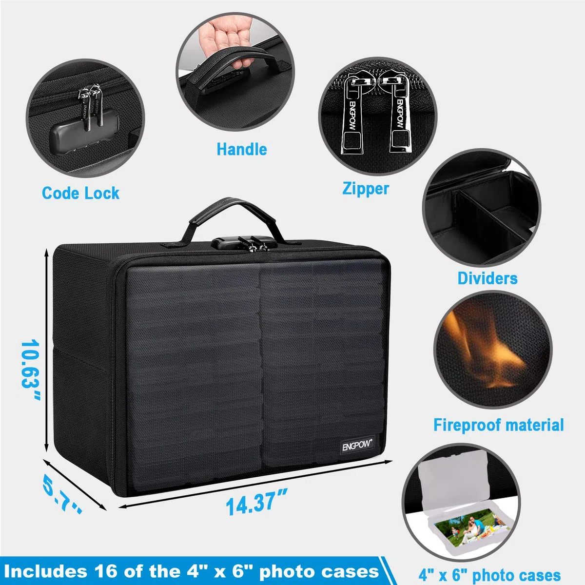 Feuerfeste Foto-Aufbewahrungsbox mit 16 inneren 10.2x15.2 cm großen Foto-Hüllen (transparent), ENGPOW Foto-Box-Organizer mit Schloss, Bilder, Wertsachen