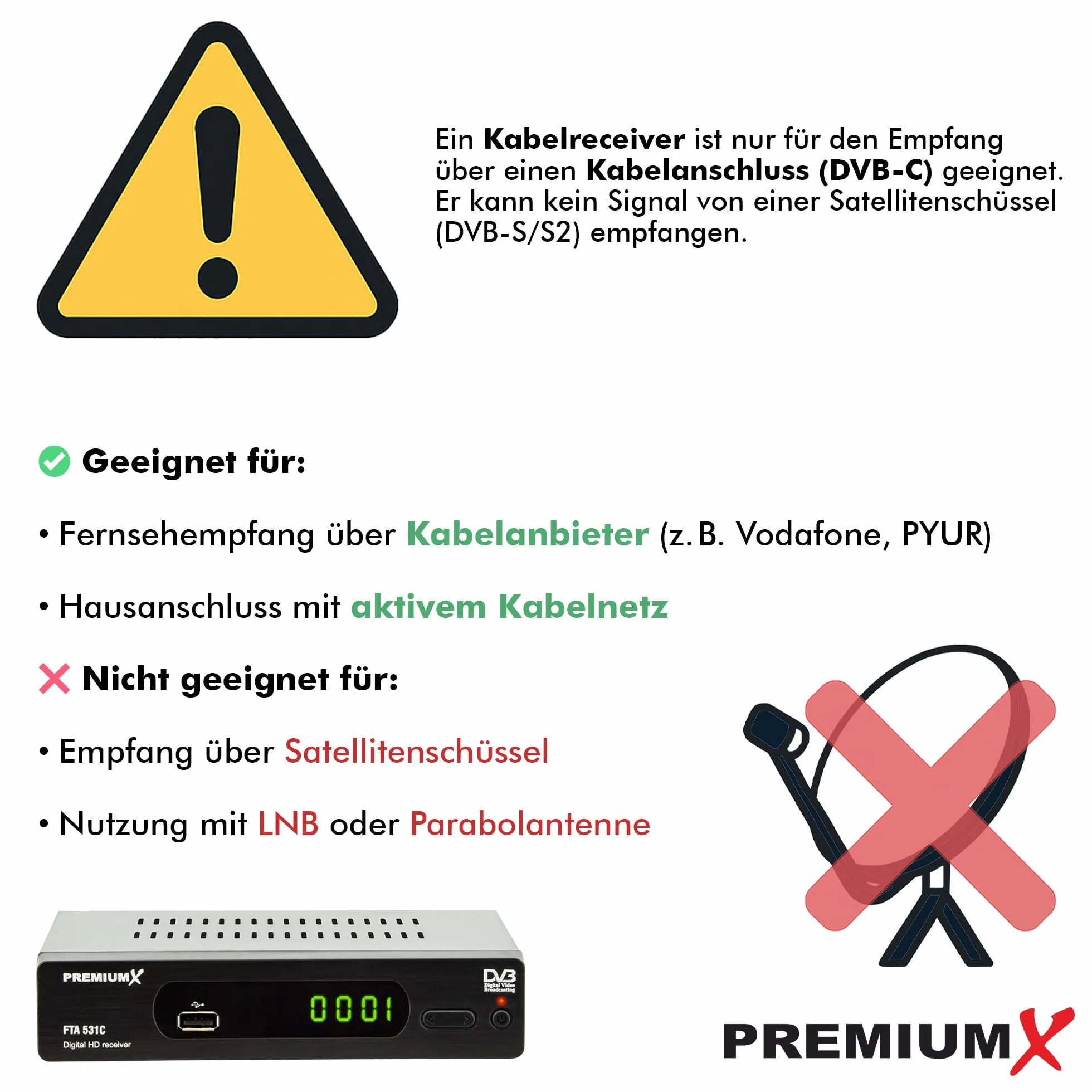 PremiumX Kabelreceiver DVB-C FTA 531C Digital FullHD SCART HDMI USB Mediaplayer, TV-Receiver Kabel-Fernsehen